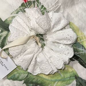 AE White Double Ruffle Scalloped Eyelet Embroidered Large Hair Scrunchie